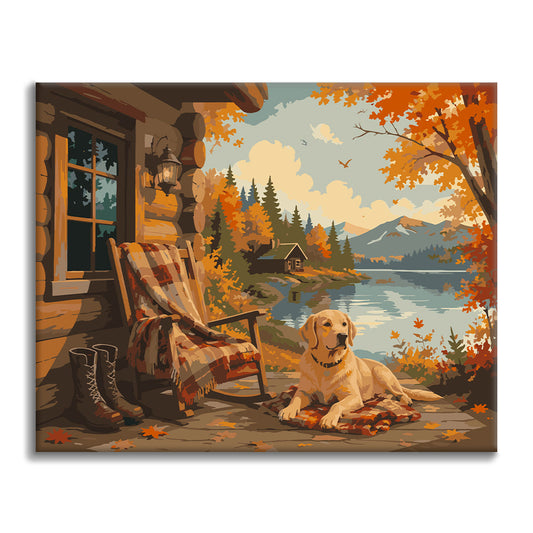 Labrador au bord d’un lac et d’un chalet en automne – Peinture par numéros