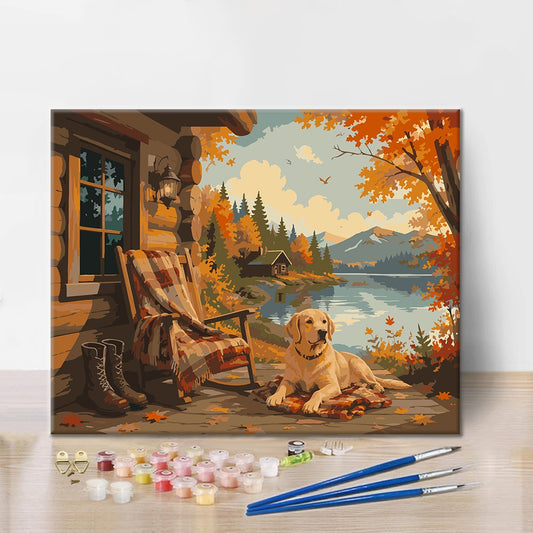 Labrador au bord d’un lac et d’un chalet en automne – Peinture par numéros