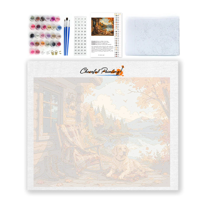 Labrador au bord d’un lac et d’un chalet en automne – Peinture par numéros