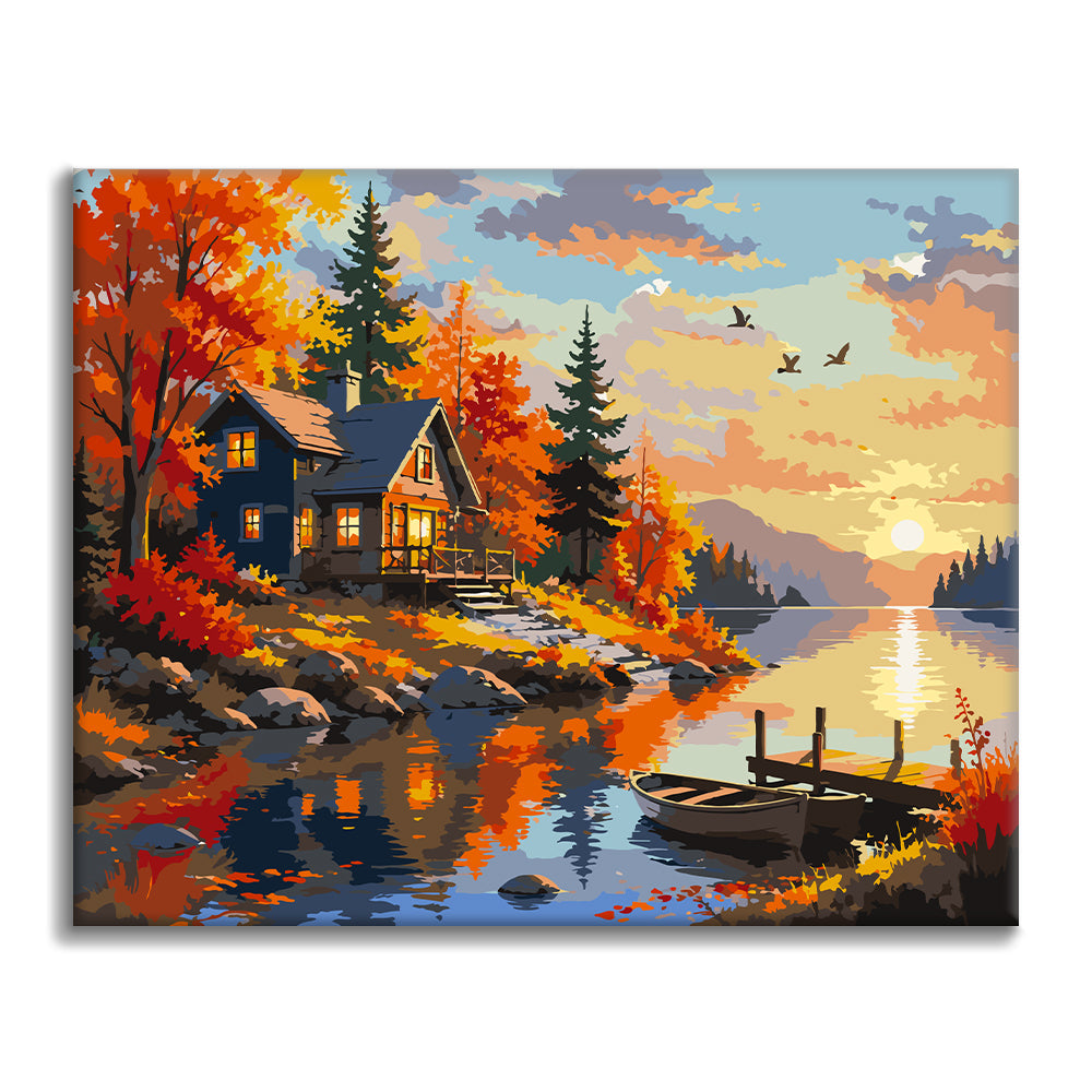 Chalet d’automne au coucher du soleil – Peinture par numéros