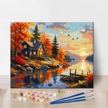 Chalet d’automne au coucher du soleil – Peinture par numéros