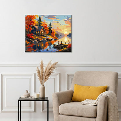 Chalet d’automne au coucher du soleil – Peinture par numéros