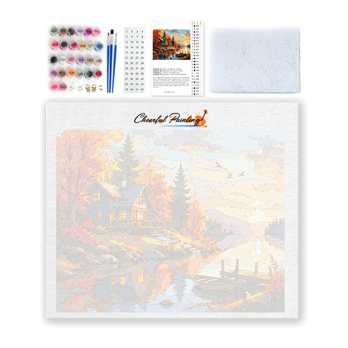 Chalet d’automne au coucher du soleil – Peinture par numéros