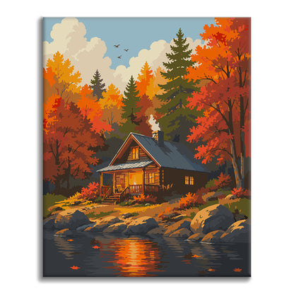 Chalet forestier au bord de l’eau – Peinture par numéros