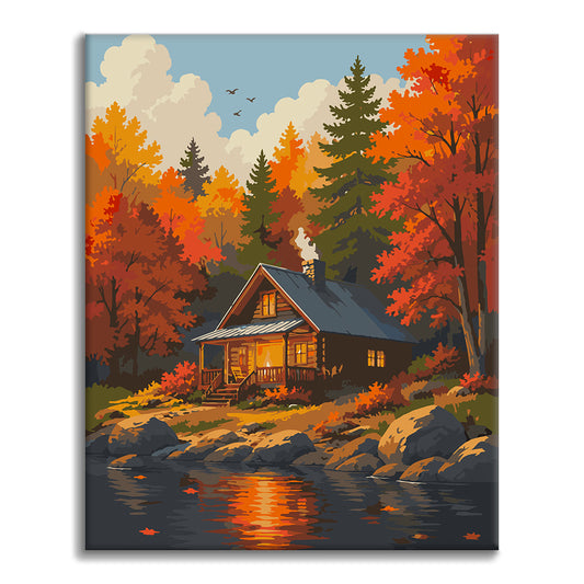 Chalet forestier au bord de l’eau – Peinture par numéros