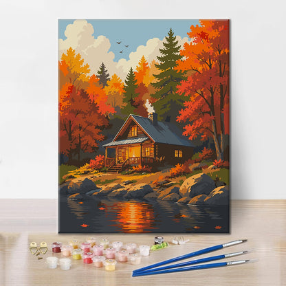 Chalet forestier au bord de l’eau – Peinture par numéros
