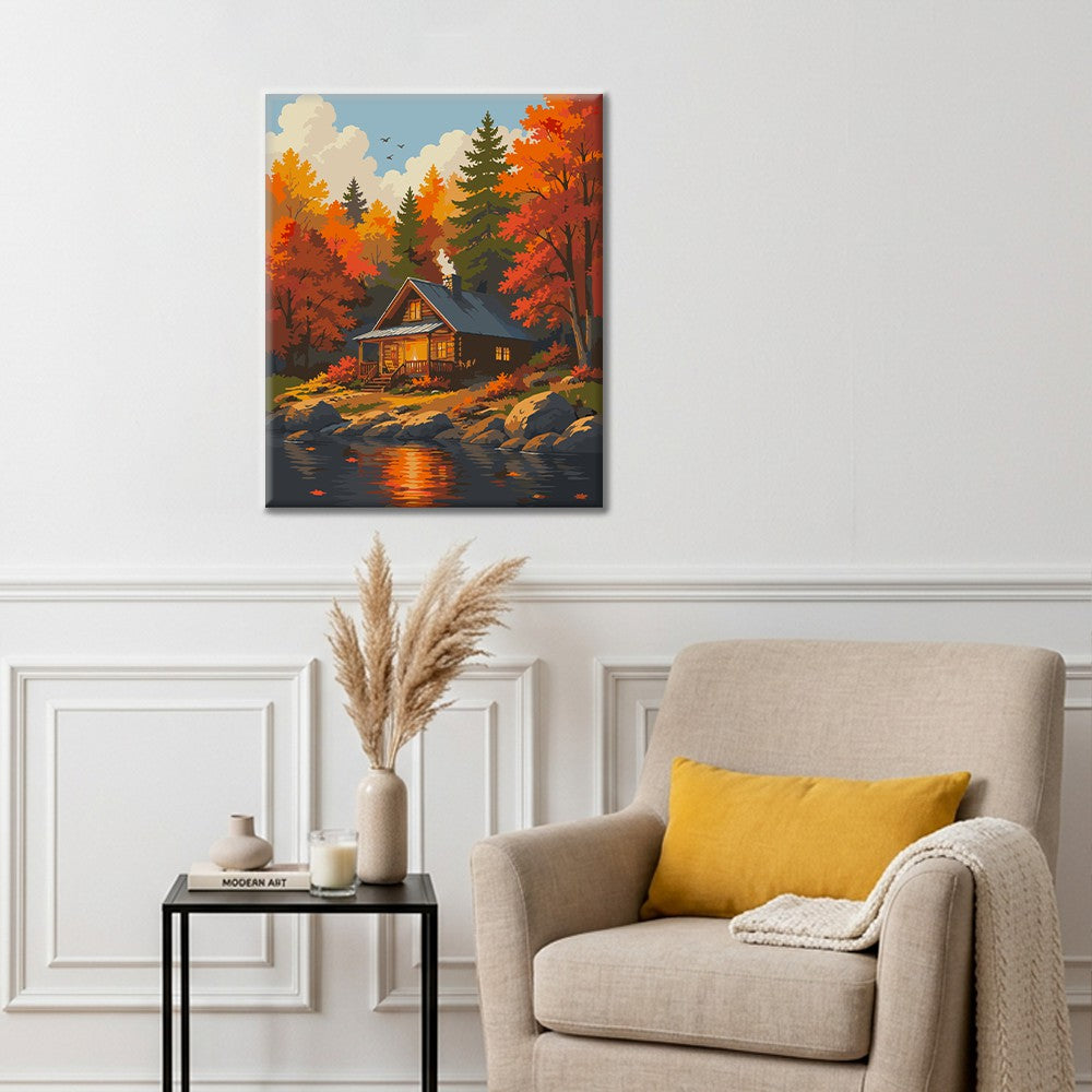 Chalet forestier au bord de l’eau – Peinture par numéros