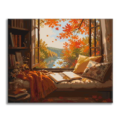 Coin lecture près de la fenêtre en automne – Peinture par numéros