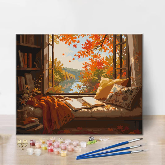 Coin lecture près de la fenêtre en automne – Peinture par numéros
