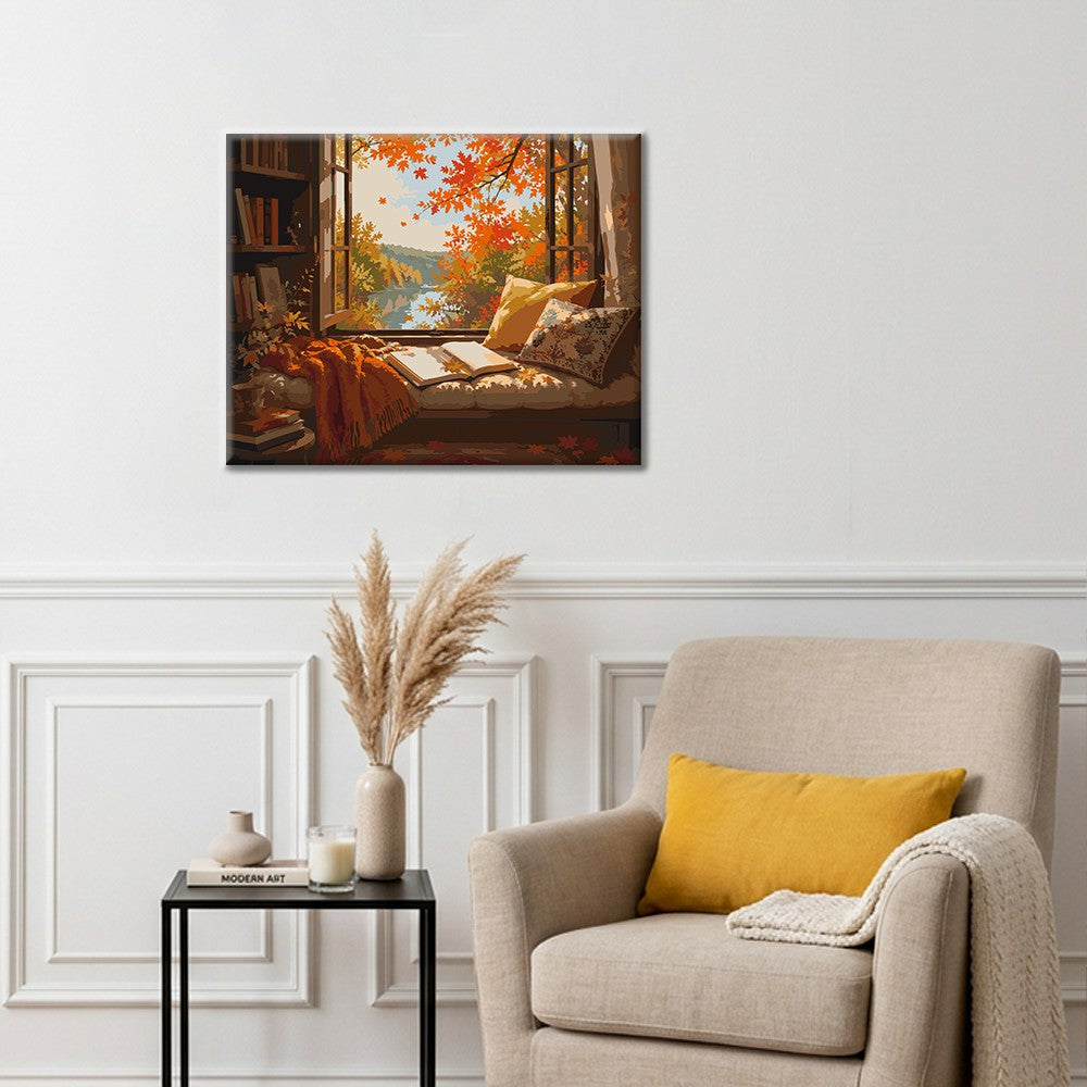 Coin lecture près de la fenêtre en automne – Peinture par numéros