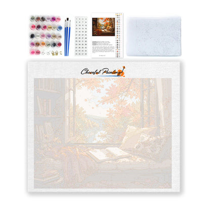 Coin lecture près de la fenêtre en automne – Peinture par numéros