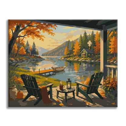 Porche de chalet avec vue sur le lac – Peinture par numéros