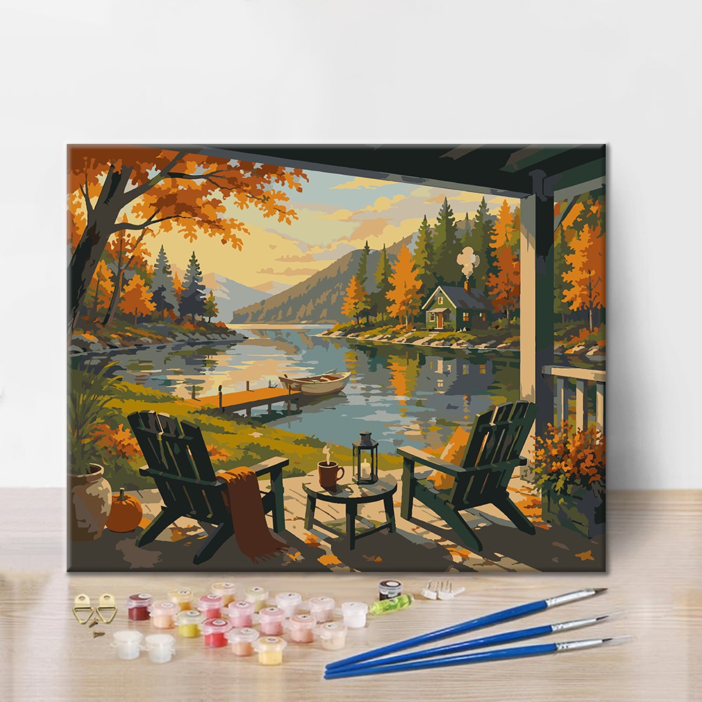 Porche de chalet avec vue sur le lac – Peinture par numéros