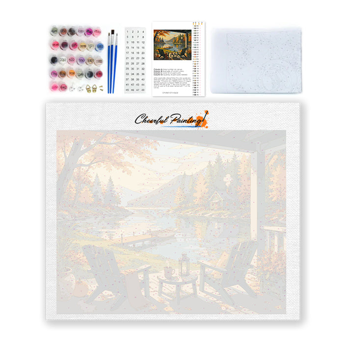 Porche de chalet avec vue sur le lac – Peinture par numéros