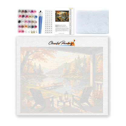 Porche de chalet avec vue sur le lac – Peinture par numéros