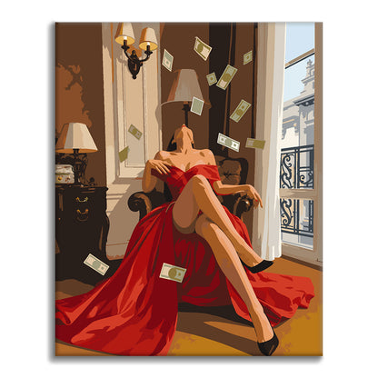 Femme en rouge aux billets volants – Peinture par numéros