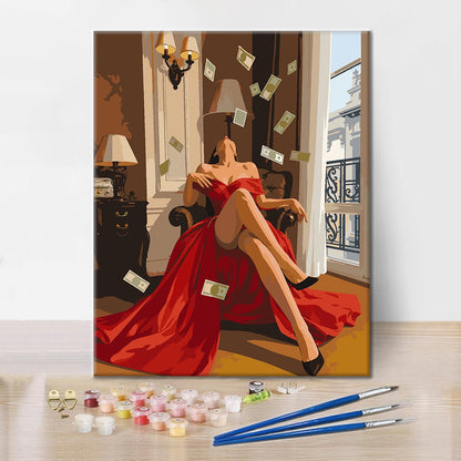 Femme en rouge aux billets volants – Peinture par numéros