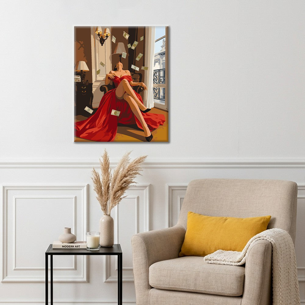Femme en rouge aux billets volants – Peinture par numéros