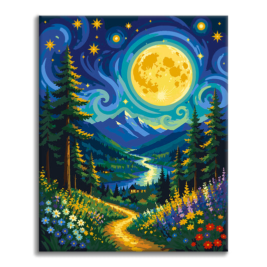 Sentier fleuri de montagne au clair de lune – Peinture par numéros