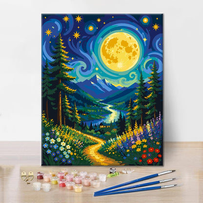 Sentier fleuri de montagne au clair de lune – Peinture par numéros