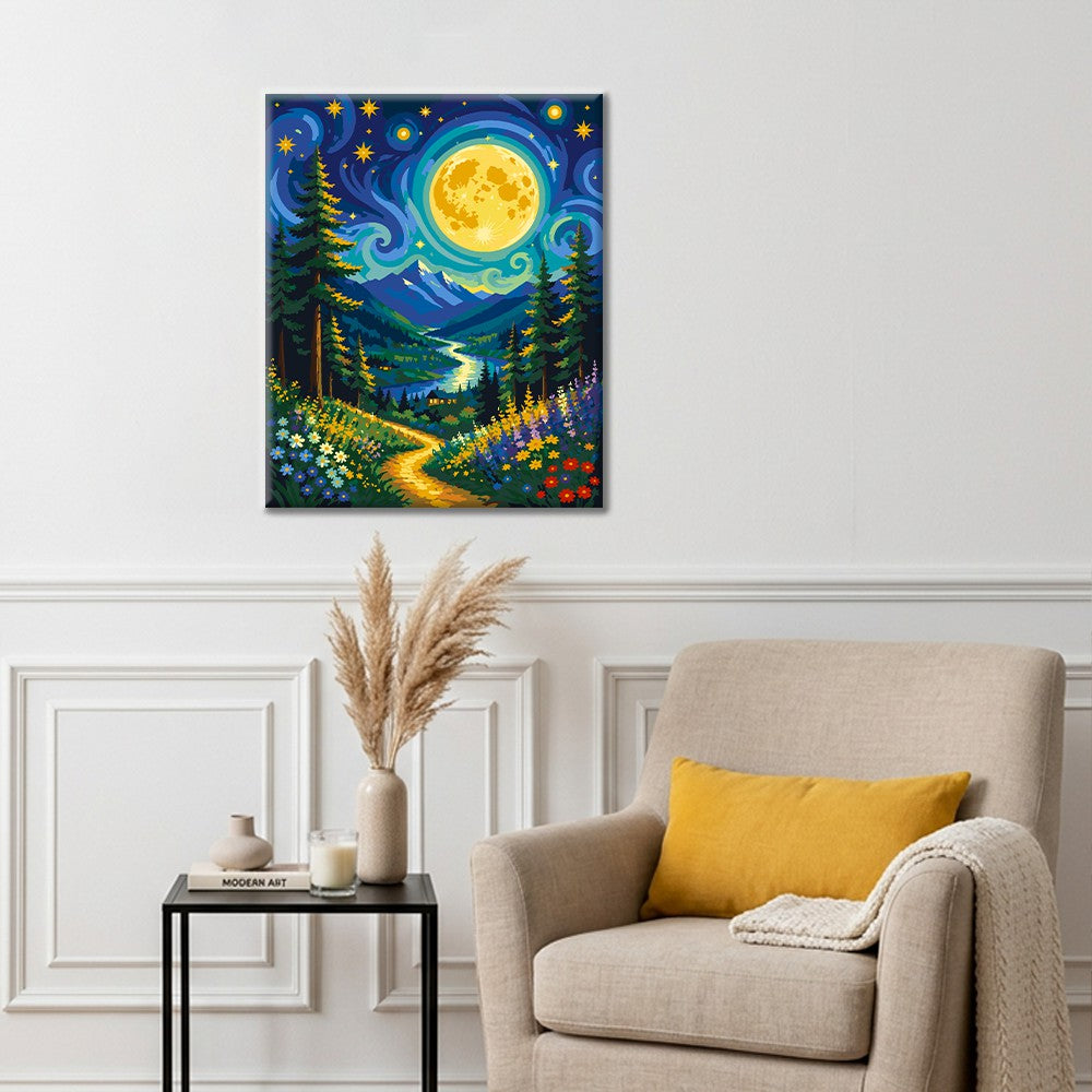 Sentier fleuri de montagne au clair de lune – Peinture par numéros