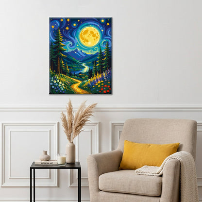 Sentier fleuri de montagne au clair de lune – Peinture par numéros