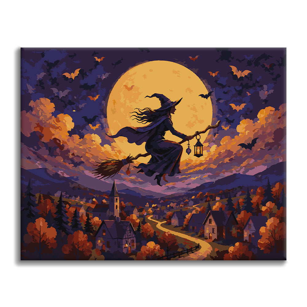 Sorcière volant au-dessus du village – Peinture par numéros