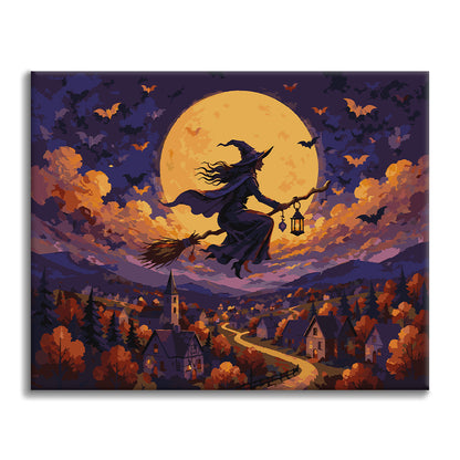Sorcière volant au-dessus du village – Peinture par numéros