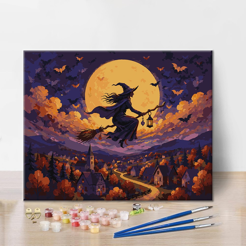 Sorcière volant au-dessus du village – Peinture par numéros