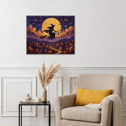 Sorcière volant au-dessus du village – Peinture par numéros