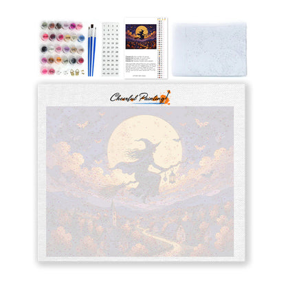 Sorcière volant au-dessus du village – Peinture par numéros