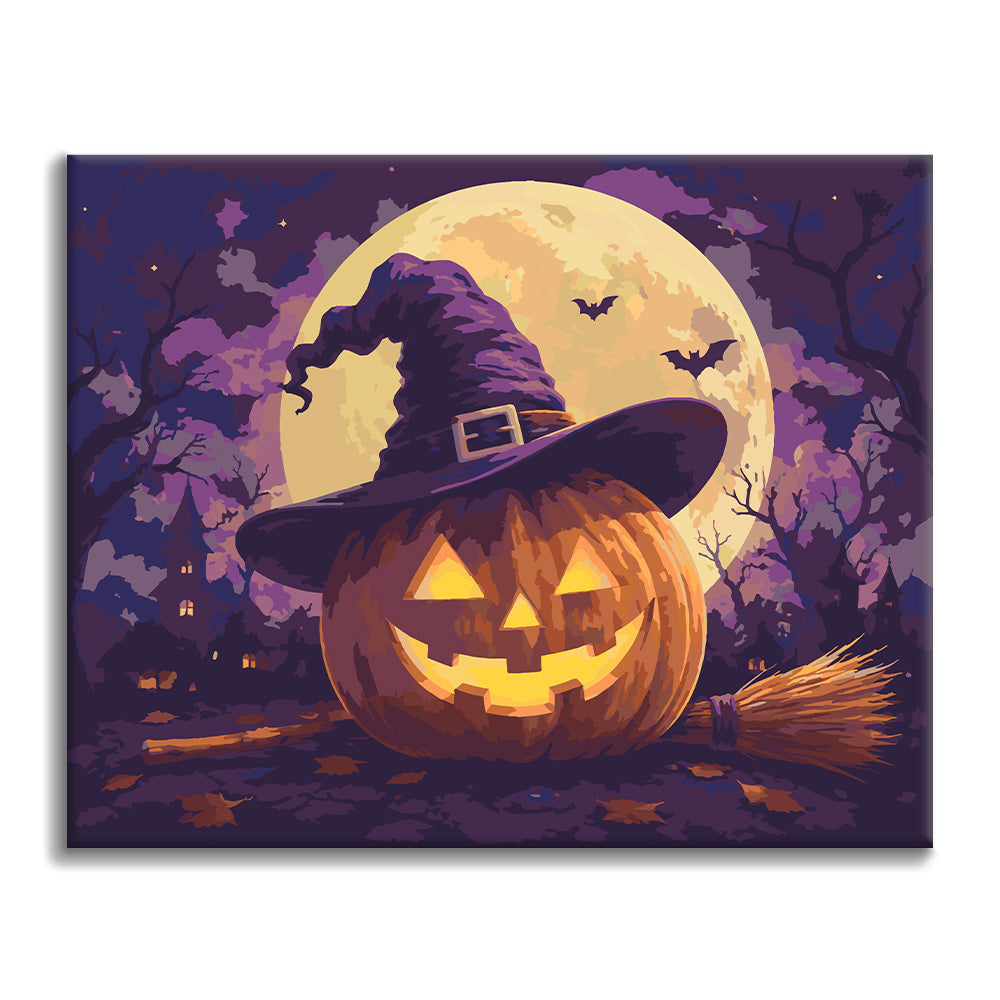 Citrouille-lanterne au chapeau de sorcière – Peinture par numéros
