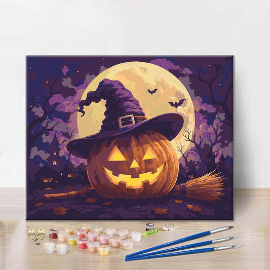 Citrouille-lanterne au chapeau de sorcière – Peinture par numéros