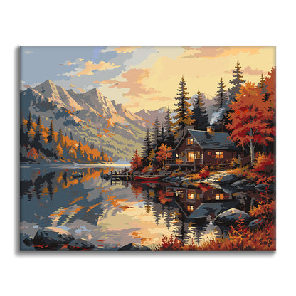 Chalet de montagne et reflet du lac – Peinture par numéros