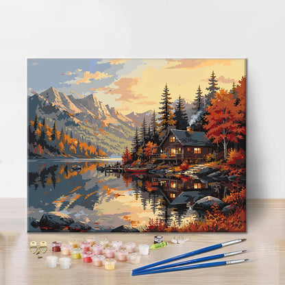 Chalet de montagne et reflet du lac – Peinture par numéros