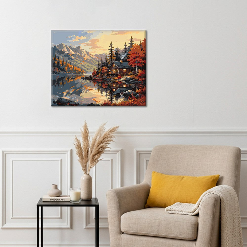 Chalet de montagne et reflet du lac – Peinture par numéros