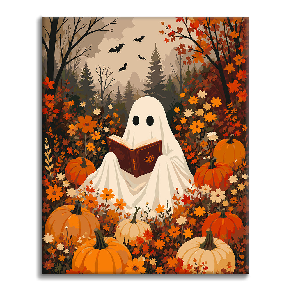Fantôme lisant parmi les citrouilles – Peinture par numéros