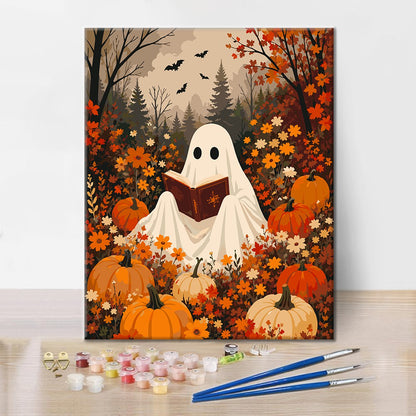 Fantôme lisant parmi les citrouilles – Peinture par numéros