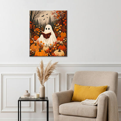 Fantôme lisant parmi les citrouilles – Peinture par numéros