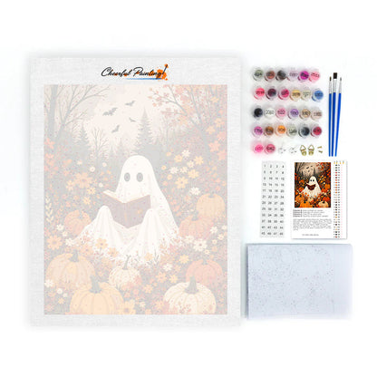 Fantôme lisant parmi les citrouilles – Peinture par numéros