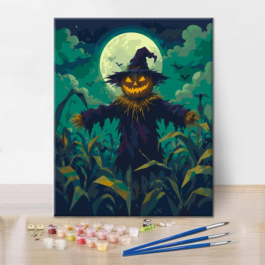 Épouvantail sous la lune verte – Peinture par numéros