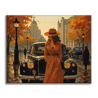 Femme près d’une voiture classique en automne – Peinture par numéros