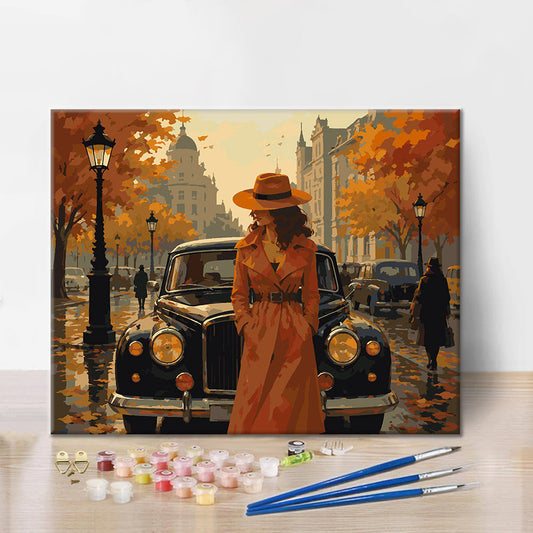 Femme près d’une voiture classique en automne – Peinture par numéros