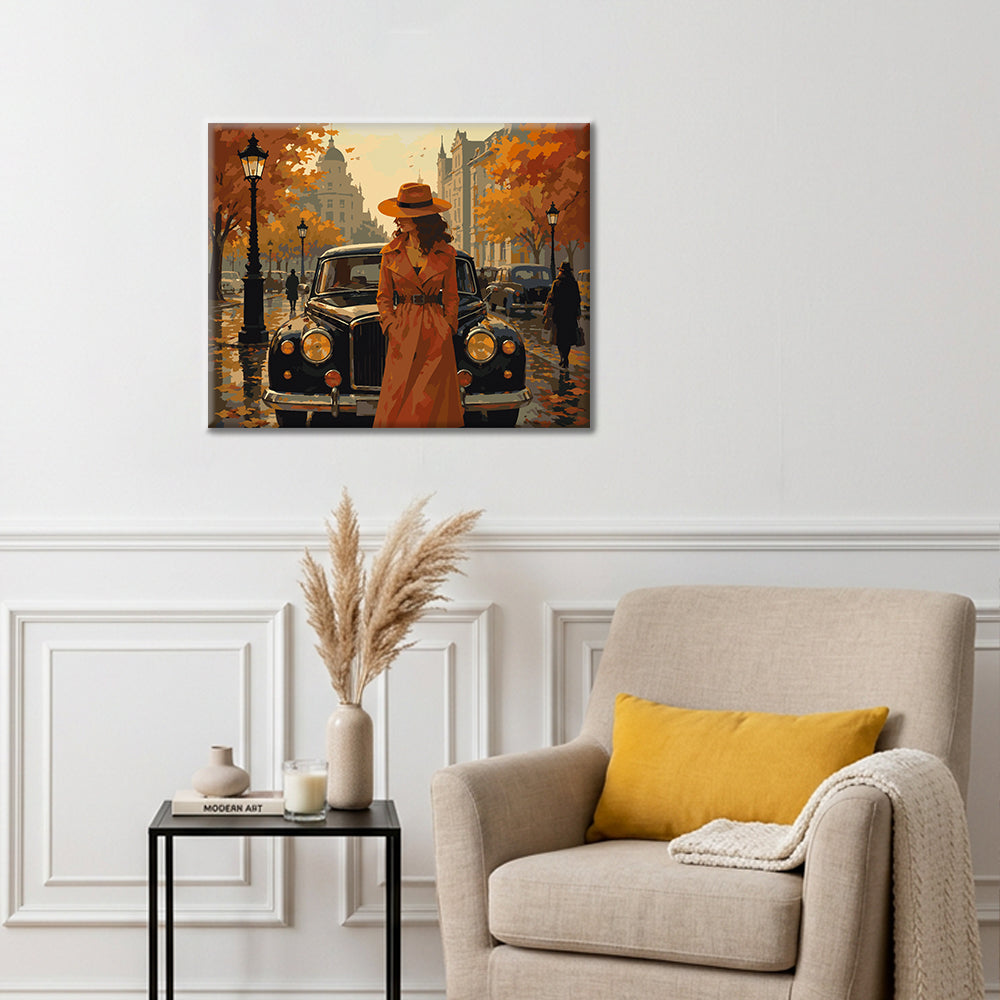 Femme près d’une voiture classique en automne – Peinture par numéros
