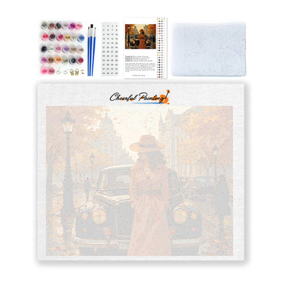 Femme près d’une voiture classique en automne – Peinture par numéros