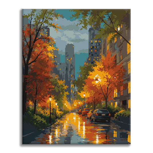 Rue urbaine pluvieuse en automne – Peinture par numéros
