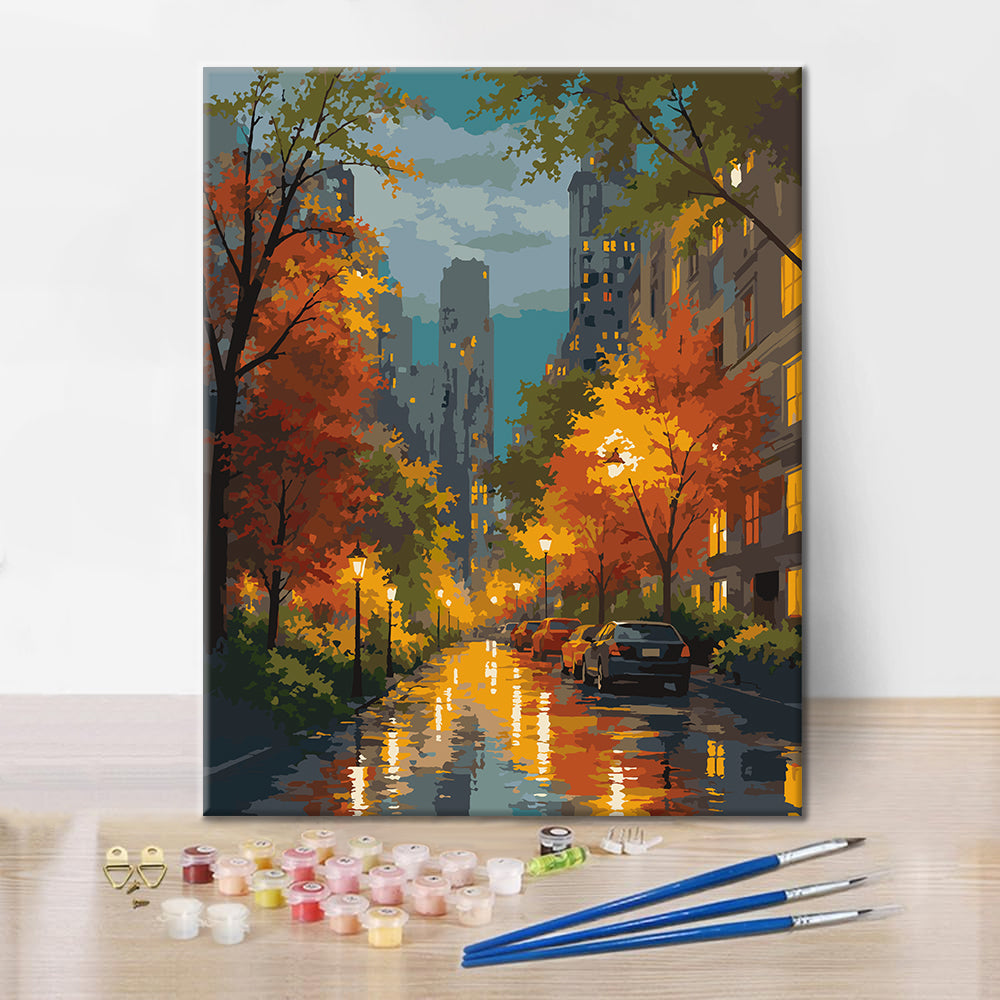Rue urbaine pluvieuse en automne – Peinture par numéros