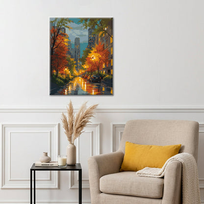 Rue urbaine pluvieuse en automne – Peinture par numéros