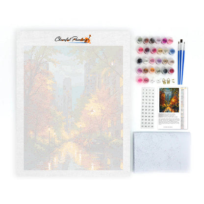 Rue urbaine pluvieuse en automne – Peinture par numéros