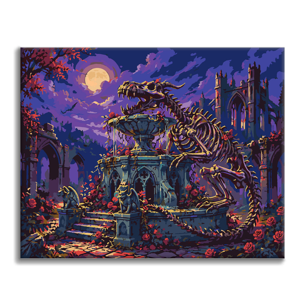 Squelette de dinosaure dans un jardin gothique – Peinture par numéros